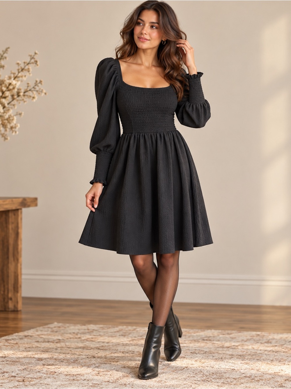Forever 21 Black Puff Sleeve Smocked Mini Dress